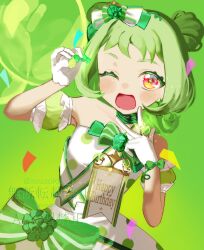  1girl :d ;d bare_shoulders bow candy choker colored_eyelashes commentary_request confetti detached_sleeves double_bun dress dress_bow flat_chest food frilled_sleeves frills gloves green_background green_bow green_choker green_dress green_hair hair_bow hair_bun happy_birthday heart_ring highres holding holding_candy holding_food medium_hair multicolored_eyes one_eye_closed onegai_aipri polka_dot polka_dot_dress pretty_series puffy_detached_sleeves puffy_sleeves red_eyes rousoku_1 short_bangs smile solo strapless strapless_dress tomosaka_gumi two-tone_dress two-tone_eyes upper_body w white_bow white_dress white_gloves yellow_eyes 