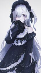  1girl bare_shoulders black_ribbon blue_dress blue_hairband bow closed_mouth commentary_request cowboy_shot crescent crescent_necklace dress dress_bow frilled_dress frilled_hairband frilled_sleeves frills gothic_lolita hair_between_eyes hair_over_one_eye hair_ribbon hairband highres jewelry layered_dress layered_sleeves lolita_fashion lolita_hairband long_hair long_sleeves looking_at_viewer mahou_shoujo_no_majo_saiban migihidari_(puwako) natsume_an-an necklace off-shoulder_dress off_shoulder polka_dot polka_dot_bow ribbon simple_background sleeve_bow sleeves_past_fingers sleeves_past_wrists solo violet_eyes white_background white_hair wide_sleeves 