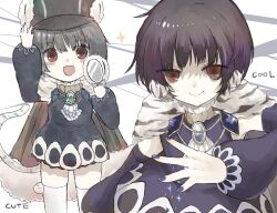  1girl black_hair blue_dress blue_gem blue_nails cape closed_mouth commentary_request detached_sleeves dress fur_cape gamo_tako gem hat highres holding holding_magnifying_glass lapis_lazuline magical_girl magnifying_glass mahou_shoujo_ikusei_keikaku mahou_shoujo_ikusei_keikaku_restart open_mouth red_eyes short_hair smile tail thigh-highs white_thighhighs 