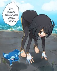  1girl :d barefoot bent_over black_bodysuit black_eyes black_hair blue_gloves blue_sky bob_cut bodysuit boulder breasts clouds cloudxmoe commentary diving diving_suit english_commentary english_text female_protagonist_(pokemon_ww) gecqua gloves grass highres long_sleeves looking_at_creature looking_to_the_side multicolored_gloves ocean open_mouth outdoors partially_fingerless_gloves pokemon pokemon_(creature) pokemon_winds_and_waves round_teeth short_hair single_vertical_stripe sky small_breasts smile solo_focus speech_bubble stirrup_legwear stone_floor teeth toeless_legwear toes two-tone_gloves upper_teeth_only water wetsuit white_gloves yellow_trim 