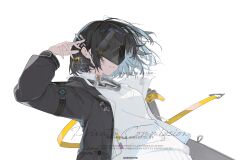  1girl arknights arknights:_endfield black_coat black_hair black_mask blindfold_mask chinese_commentary coat commentary_request endministrator_(arknights) female_endministrator_(arknights) hair_ornament highres long_sleeves mask medium_hair open_clothes open_coat originium_(arknights) parted_lips simple_background smile solo su_ran_(bilibili_18604428) sweater upper_body watermark white_background white_sweater 