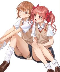  2girls brown_eyes brown_hair brown_vest closed_mouth grey_skirt highres light_smile long_hair loose_socks medium_hair misaka_mikoto multiple_girls open_mouth red_eyes red_hair school_uniform shirai_kuroko shirt simple_background skirt smile socks thighs toaru_kagaku_no_railgun toaru_majutsu_no_index tokiwadai_school_uniform twintails vest white_background white_shirt white_socks z.boat 