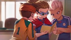  3boys absurdres black_eyes book brown_hair cancanbaobao55 cape chair child commentary crossed_arms dark-skinned_male dark_skin desk dreadlocks emblem endou_mamoru gloves goalkeeper goggles gouenji_shuuya headband highres holding holding_book inazuma_eleven inazuma_eleven_(series) inazuma_japan indoors kidou_yuuto locker male_focus multiple_boys open_book orange_headband reading red_cape soccer_uniform spiky_hair sportswear thermos tsurime untranslatable_commentary upper_body v-shaped_eyebrows white_gloves white_hair 