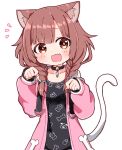  1girl :d animal_ear_fluff animal_ears bare_shoulders black_choker black_shirt blush braid brown_hair cat_ears cat_girl cat_tail character_print choker collarbone detached_sleeves fur-trimmed_sleeves fur_trim hair_over_shoulder hands_up hololive inugami_korone jacket kemonomimi_mode long_sleeves low_twintails notice_lines paw_pose pink_jacket pink_sleeves print_shirt puffy_long_sleeves puffy_sleeves rabiiandrain red_eyes shirt simple_background sleeveless sleeveless_jacket sleeves_past_wrists smile solo tail twin_braids twintails virtual_youtuber white_background 