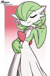  1girl artist_name bob_cut closed_eyes colored_skin dress gardevoir gradient_background green_hair green_skin hair_over_one_eye highres holding holding_pregnancy_test mugen887 multicolored_skin pokemon pokemon_(creature) pregnancy_test smile two-tone_skin white_dress white_skin 