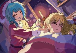  2girls ^_^ absurdres blanket blonde_hair blue_hair braid braided_hair_rings candy cheek_poking closed_eyes commentary_request dot_nose dress food fur-trimmed_dress fur_trim hair_rings hat highres holding holding_candy holding_food kurokawa_gonshi long_hair mahou_shoujo_no_majo_saiban multiple_girls poking red_dress red_hat santa_costume santa_dress santa_hat short_hair smile tachibana_sherry teeth tono_hanna under_covers window yuri 
