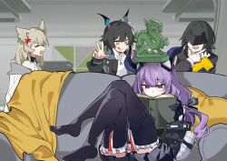  4girls :q anger_vein animal_ears arknights arknights:_endfield bird_ears bird_girl black_gloves black_thighhighs blonde_hair book chen_qianyu_(arknights) commentary couch dragon_girl dragon_horns eastern_dragon_horns endministrator_(arknights) english_commentary eri_(erikiri) female_endministrator_(arknights) gloves horns multiple_girls on_couch open_book perlica_(arknights) purple_hair reading sitting statue thigh-highs tongue tongue_out typhoeus_(arknights) typhon_(arknights) violet_eyes 