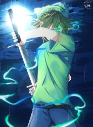  1boy absurdres beanie belt blonde_hair colored_skin covered_mouth denim drawing_sword faith_of_faded fighting_stance full_moon glasses glowing glowing_eyes green_eyes green_shirt hat highres holding holding_sword holding_weapon jeans karl_tahiro katana moon moonlight pants rain shirt sword vampire weapon white_skin 