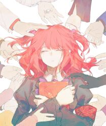  armband black_jacket book bow bowtie candy closed_eyes closed_mouth collared_shirt commentary_request food gothicic hair_bobbles hair_ornament highres hugging_object jacket long_hair long_sleeves out_of_frame pink_bow pink_bowtie puffy_sleeves red_hair shirt solo_focus straight-on two_side_up umineko_no_naku_koro_ni upper_body ushiromiya_ange white_background 