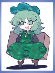  1girl :d blush_stickers boots border box chibi fried_rice0614 green_eyes green_hair hair_between_eyes highres letterboxed looking_at_viewer open_mouth simple_background smile solo touhou white_background yamashiro_takane 