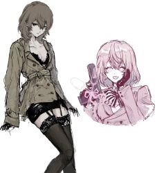  1girl akechi_goro black_bra black_gloves black_skirt black_thighhighs blush bow bra brown_eyes brown_hair brown_jacket buttons closed_eyes collarbone collared_shirt genderswap genderswap_(mtf) gloves gun hair_between_eyes highres holding holding_gun holding_weapon jacket long_sleeves looking_at_viewer medium_hair open_mouth persona persona_5 shirt skirt smile striped_bow thigh-highs underwear weapon white_background wuzeiyu 