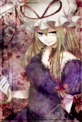  blonde_hair collar commentary_request dress elbow_gloves frilled_collar frills gloves hair_ribbon hat kyoma_(yellowxcake) long_hair mob_cap petals purple_dress red_ribbon ribbon touhou umbrella violet_eyes yakumo_yukari 