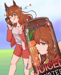  2girls :p ;p absurdres animal_ears blue_nails blurry blurry_background blush bow breasts brown_hair brown_sailor_collar can carrot commentary commission ear_bow egnarregnar english_commentary english_text food green_eyes grey_bow hair_bow hands_up highres holding holding_can holding_food horse_ears horse_girl jacket long_hair looking_at_viewer maruzensky_(formula_r)_(umamusume) maruzensky_(umamusume) monster_energy multiple_girls one_eye_closed open_clothes open_jacket pov pov_hands red_jacket red_serafuku red_shorts red_track_suit sailor_collar school_uniform serafuku shaded_face shirt shorts smile solo_focus star_(symbol) tail three-finger_salute tongue tongue_out tracen_training_uniform track_jacket track_suit umamusume white_shirt 