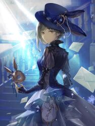  1girl :/ absurdres blue_dress blue_hat boater_hat chinese_commentary commentary_request dress envelope from_side grey_eyes grey_hair hat hat_ornament highres holding holding_mask juliet_sleeves long_sleeves looking_at_viewer mask official_alternate_costume puffy_sleeves rabbit_hat_ornament rabbit_mask reverse:1999 shi_a_dong_ya short_hair solo stage_lights stairs turning_head upper_body vertin_(reverse:1999) vertin_(the_long-eared_watchmaker)_(reverse:1999) 