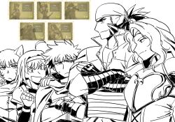  2boys 3girls absurdres ahoge animal_ears bandana cat_ears commentary crossed_arms english_commentary fire_emblem fire_emblem:_path_of_radiance game_screenshot_inset hairband hand_on_another's_shoulder headband highres ike_(fire_emblem) lethe_(fire_emblem) long_hair mia_(fire_emblem) monochrome muarim_(fire_emblem) multiple_boys multiple_girls screenshot_inset short_hair titania_(fire_emblem) vincent-san 