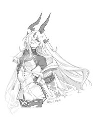  1girl absurdres arknights character_request check_character check_copyright copyright_request greyscale hair_over_one_eye highres horns jacket jacket_partially_removed joul_0704 long_hair looking_at_viewer monochrome necrass_(arknights) shirt solo thigh-highs torn_clothes torn_thighhighs twitter_username upper_body white_background 