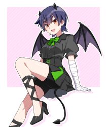  1girl absurdres bandaged_arm bandages bike_shorts bike_shorts_under_skirt black_hair black_horns black_shoes black_shorts black_skirt black_tail black_wings blush bow buttons commentary demon demon_girl demon_horns demon_tail demon_wings double-breasted full_body green_bow hair_between_eyes high_heels highres horns kanbaru_suruga light_blush manimani_(mani_ma) monogatari_(series) multicolored_skirt open_mouth pleated_skirt shoes short_hair shorts simple_background skirt smile solo tail thighs tongue wings 