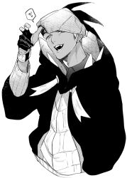  1boy commentary_request cropped_torso dark-skinned_male dark_skin drawstring earrings fang gloves greyscale guru_(nicocco) headband hood hood_down jewelry male_focus monochrome open_mouth pokemon pokemon_sword_and_shield raihan_(pokemon) sideburns solo speech_bubble translation_request white_background 