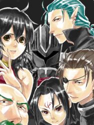  1girl 5boys bald black_hair black_knight_(fire_emblem) blue_hair brown_hair deghinsea earrings eyepatch facial_hair facial_mark fire_emblem fire_emblem:_path_of_radiance fire_emblem:_radiant_dawn forehead_mark green_hair haar_(fire_emblem) helm helmet jewelry konsuke0 long_hair multiple_boys mustache naesala_(fire_emblem) pointy_ears red_eyes salute soren_(fire_emblem) two-finger_salute vika_(fire_emblem) 