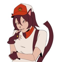  1girl absurdres alunya anarcho-communism animal_ears bandana biting_own_lip black_bandana black_gloves black_tail cat_ears cat_girl cat_tail fingerless_gloves gloves grin hat highres jewelry leftypol looking_to_the_side peaked_cap ravenger5 red_bandana red_eyes ring shirt short_sleeves smile solo tail v-shaped_eyebrows wedding_ring white_shirt 