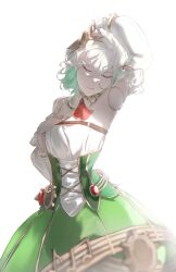  1girl absurdres arm_up armpits ascot bare_shoulders cecilia_immergreen cecilia_immergreen_(1st_costume) closed_eyes closed_mouth colored_inner_hair commentary corset cross-laced_clothes cross-laced_corset detached_collar detached_sleeves doll doll_joints double-parted_bangs facing_viewer gears green_corset green_hair green_skirt green_streaks grey_hair hair_between_eyes hair_ornament hand_on_own_chest hand_up highres hololive hololive_english joints kurochanai long_sleeves multicolored_hair puffy_long_sleeves puffy_sleeves red_ascot romper see-through_clothes see-through_skirt short_hair simple_background skirt solo strapless_romper streaked_hair underbust virtual_youtuber white_background white_romper white_sleeves winding_key 