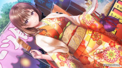  1girl asukaru_(magika_ru) blush braid brown_hair character_request closed_mouth commentary_request copyright_notice copyright_request cowboy_shot day floral_print floral_print_kimono hair_between_eyes japanese_clothes kimono long_hair long_sleeves looking_at_viewer obi official_art outdoors print_kimono red_kimono sash single_braid smile solo violet_eyes wide_sleeves 