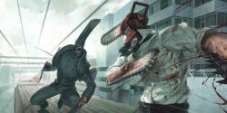  2boys absurdres atmospheric_perspective black_coat black_necktie black_pants blood blood_on_arm blood_on_clothes blood_on_hand blood_on_weapon blood_splatter building chainsaw chainsaw_man chainsaw_man_(character) city coat commentary denji_(chainsaw_man) duel english_commentary fighting highres katana katana_man_(chainsaw_man) multiple_boys multiple_weapons necktie object_on_head open_mouth overcast pants perspective roly_poly_(aulischeung) sharp_teeth shirt sky sword t-shirt teeth train weapon white_shirt 