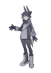  1girl absurdres arm_at_side black_hair black_pantyhose boots commentary dress eye_mask full_body genderswap genderswap_(mtf) gloves goz-zz grey_boots grey_dress grey_gloves grey_mask grin hand_up highres hologram kamen_rider kamen_rider_zeztz_(series) long_hair mask open_hands pantyhose short_dress simple_background smile solo standing untranslatable_commentary very_long_hair white_background zeztz_darkness_nightmare 