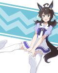  1girl ahoge animal_ears black_hair blue_eyes blush breasts collarbone commentary_request daring_tact_(umamusume) highres horse_ears looking_at_viewer medium_breasts medium_hair nel-c no_shoes school_uniform simple_background sitting soles solo thigh-highs umamusume white_thighhighs 