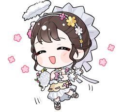  1girl ^_^ angel angel_wings ankle_ribbon artist_request blush_stickers bonnet bow brown_hair bug butterfly chibi choker closed_eyes dancing detached_sleeves fake_halo fake_wings flower flower_hairband flower_symbol footwear_bow frilled_choker frilled_headwear frilled_shirt frilled_sleeves frilled_wrist_cuffs frills fur_halo gilded_dreamsong_(infinity_nikki) hairband halo happy hat hat_bow hat_ribbon heart heart_choker infinity_nikki leg_ribbon leg_up medium_skirt motion_lines nikki_(series) official_art open_mouth pink_bow pink_flower pleated_skirt ribbon ribbon-trimmed_shirt ribbon_trim shirt shoes short_hair sidelocks skirt sleeve_bow smile solo sticker_(medium) strapless strapless_shirt transparent_background waist_bow wavy_hair white_bonnet white_bow white_choker white_flower white_hairband white_halo white_ribbon white_skirt white_sleeves white_wings white_wrist_cuffs wings wrist_cuffs yellow_flower yellow_shirt yellow_shoes 