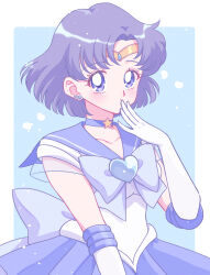  1girl back_bow bishoujo_senshi_sailor_moon blue_choker blue_eyes blue_hair blue_skirt blush border bow choker circlet commentary_request elbow_gloves gloves hand_on_own_face highres looking_at_viewer mizuno_ami outside_border pleated_skirt sailor_mercury short_hair skirt solo white_border white_gloves yumeko_(yumemexx) 