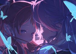  2girls absurdres backlighting blue_butterfly blue_eyes blush bug butterfly closed_mouth commentary ear_piercing eyelashes fingernails floating_hair from_side gakuen_idolmaster hair_rings half-closed_eyes hanami_saki hand_up heads_together highres idolmaster kaya_rinha light_particles long_hair looking_at_another looking_down multiple_girls piercing portrait purple_hair red_hair star_(symbol) swept_bangs two_side_up yuri yuusuke_(yyy_xp) 
