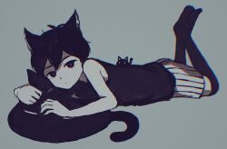  1boy animal_ears black_eyes black_hair black_tank_top black_thighhighs bright_pupils cat cat_boy cat_ears cat_tail closed_mouth commentary_request expressionless grey_background invisible_floor kemonomimi_mode lying male_focus mewo miyashita_miro omori omori_(omori) on_stomach shorts simple_background slit_pupils solo striped_clothes striped_shorts tail tank_top thigh-highs vertical-striped_clothes vertical-striped_shorts white_pupils white_shorts 