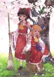  2girls ascot bare_shoulders broom brown_eyes brown_footwear brown_hair closed_mouth collared_vest commentary_request cosplay detached_sleeves frilled_hair_tubes frilled_skirt frills full_body gourd hair_tubes hakurei_reimu hakurei_reimu_(cosplay) hand_on_hip haniwa_(leaf_garden) happy highres holding holding_broom horns ibuki_suika long_sleeves multiple_girls oni_horns orange_hair red_skirt red_vest ribbon-trimmed_sleeves ribbon_trim sandals sitting skirt skirt_set smile socks standing touhou tree vest white_sleeves white_socks wide_sleeves yellow_ascot 