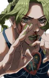  1girl animal_print blood blood_on_cheek blood_on_face blood_on_mouth blood_on_nose braid braided_base bug bun_with_braided_base butterfly butterfly_print commentary_request double_bun eyeshadow green_eyes green_eyeshadow green_lips green_nails hair_bun highres jojo_no_kimyou_na_bouken jojo_pose kujo_jolyne kujo_jolyne's_pose lipstick makeup nail_polish simple_background stone_ocean umeko_(00_nro9) white_background 