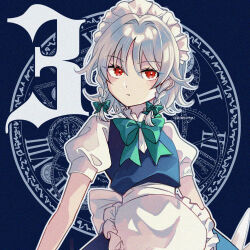  1girl apron back_bow blue_dress bow bowtie braid collared_shirt commentary_request countdown dress embodiment_of_scarlet_devil green_bow green_bowtie grey_hair hair_bow highres izayoi_sakuya katsuragi_atori long_hair looking_at_viewer magic_circle maid maid_headdress pinafore_dress puffy_short_sleeves puffy_sleeves red_eyes roman_numeral shirt short_sleeves sleeveless sleeveless_dress solo touhou twin_braids waist_apron white_apron white_shirt 