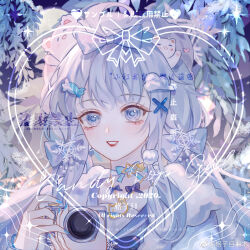 1girl aegyo_sal ahoge animal animal_in_hair bear beret blue_bow blue_bowtie blue_choker blue_eyes blue_nails blue_pupils blue_sailor_collar blue_shirt blue_theme bow bow_choker bowtie bracelet brooch camera candy_hair_ornament chinese_commentary choker cloud_hair_ornament commentary_request commission eyelashes food-themed_hair_ornament full_moon fur-trimmed_sailor_collar fur_hat fur_trim gezimu_jiamu gold_necklace grin hair_bow hair_ornament hairclip happy hat heart highres holding holding_camera jewelry light_blush light_particles lipstick long_hair long_sleeves low-tied_sidelocks makeup moon multiple_bracelets nail_polish necklace night original outdoors pom_pom_(clothes) pom_pom_hair_ornament red_lips sailor_collar sample_watermark shirt sidelocks smile snowflake_brooch snowflake_hair_ornament snowflake_in_eye solo star_(symbol) star_choker tareme too_many_watermarks upper_body very_long_hair watermark white_hair white_hat willow x_hair_ornament 