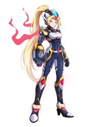  1girl absurdres alternate_costume alternate_hairstyle arm_cannon armor armored_boots belt biometal blonde_hair blue_eyes body_armor bodysuit boots breasts chest_jewel commission commissioner_upload covered_abs covered_navel cynthia_(mega_man_zx_zeta) eyelashes forehead_jewel gauntlets gloves high_heel_boots high_heels highres hip_armor knee_armor long_bangs long_hair looking_at_viewer mechanical_ears medium_breasts mega_man_(series) mega_man_zx model_x_(mega_man) non-web_source ponytail redesign shoulder_armor solo thighs transparent_background uta_guipiy weapon 