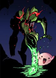  1girl 1other arm_cannon armor assault_visor biopunk green_armor kirby kirby_(series) looking_at_viewer metroid metroid_suit power_armor power_suit_(metroid) red_assault_visor samus_aran simple_background smile wanderjegson weapon 