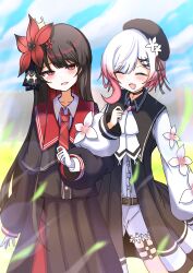  2girls :d ^_^ absurdres belt beret black_capelet black_choker black_coat black_hair black_hat black_shirt black_skirt capelet center_frills choker closed_eyes coat collared_coat collared_shirt commentary_request crown flower flower-trimmed_shorts flower-trimmed_sleeves frills gloves gradient_hair hair_flower hair_ornament hat hat_flower hat_ribbon highres kohakobe_rikke layered_skirt long_hair long_skirt long_sleeves mahou_shoujo_no_majo_saiban mini_crown multicolored_hair multiple_girls neck_ribbon necktie nikaido_hiro o-ring o-ring_thigh_strap open_mouth overskirt pants pink_hair pleated_skirt puffy_sleeves red_eyes red_flower red_necktie red_skirt ribbon sakuraba_ema shirt short_hair shorts side_capelet skirt sleeveless sleeveless_coat smile thigh_strap white_flower white_gloves white_hair white_pants white_ribbon white_shirt white_shorts white_sleeves x_hair_ornament yuri 
