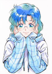  1girl agahari bishoujo_senshi_sailor_moon blue_eyes blue_hair blush closed_mouth commentary_request glasses hood hoodie looking_at_viewer mizuno_ami plaid_clothes plaid_hoodie short_hair simple_background smile solo traditional_media white_background 