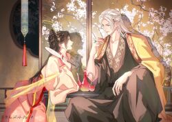  1boy 1girl absurdres alternate_hair_length_(longer) alternate_hairstyle bow-shaped_hair brown_eyes brown_hair chinese_clothes chinese_commentary commentary_request dated dress earrings feet_out_of_frame gaiwan hair_ears hair_ornament hanfu highres holding holding_teapot jewelry long_hair long_sleeves looking_at_another love_and_deepspace necklace night nose official_alternate_costume open_mouth orange_shawl parted_bangs protagonist_(love_and_deepspace) qinghua_(porcelain) qipao qixiong_ruqun red_eyes robe shawl sitting smile sylus_(love_and_deepspace) sylus_(shared_lanterns)_(love_and_deepspace) tea_ceremony teapot very_long_hair white_hair yellow_hanfu yellow_robe yuntouxie zhishuo418 