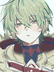  0av0u 1boy ahoge alyosha_(genshin_impact) black_shirt cape commentary_request earmuffs freckles fur-trimmed_cape fur_trim genshin_impact green_hair hair_between_eyes highres hood hooded_cape looking_at_viewer male_focus open_mouth shirt short_hair simple_background solo teeth turtleneck turtleneck_shirt upper_body white_background white_cape yellow_eyes 