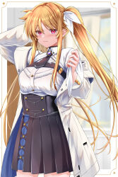  1girl arm_behind_head black_necktie black_skirt blonde_hair blurry blurry_background breasts closed_mouth coat collared_shirt curtains fate_testarossa floating_hair hair_between_eyes hand_up handkerchief high_side_ponytail highres holding holding_handkerchief indoors inset_border large_breasts light_blush long_hair long_sleeves looking_at_viewer lyrical_nanoha mahou_shoujo_lyrical_nanoha_strikers medium_skirt necktie open_clothes open_coat outside_border pleated_skirt red_eyes shirt shirt_tucked_in short_necktie side_ponytail skirt smile solo sougetsu_izuki standing swept_bangs underbust upper_body very_long_hair white_coat white_shirt window 