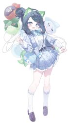  1girl absurdres animal_ear_hairband animal_ears armarouge balloon black_hair blue_eyes blue_hair blush cat_ear_hairband cat_ears character_balloon commentary cowlick fake_animal_ears hair_bun hair_ornament hairband hairclip hatterene highres holding holding_balloon jacket liko_(pokemon) long_hair looking_at_viewer meowscarada multicolored_hair oo_ttdtrw open_clothes open_mouth pokemon pokemon_(anime) pokemon_horizons shirt simple_background skirt smile untranslatable_commentary white_background white_shirt 