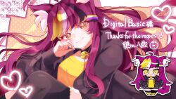  1girl 8sai_sousaku absurdres ahoge animal_ear_fluff animal_ears asymmetrical_legwear bell black_streaks blonde_streaks bright_pupils cat_ears character_name chibi chibi_inset collar commentary_request commission commissioner_name digitalbasic genderswap genderswap_(otf) heart highres hood hooded_jacket huge_ahoge indie_virtual_youtuber jacket long_hair looking_at_viewer mismatched_legwear multicolored_hair neck_bell non-binary_flag shirt skeb_commission smile solo streaked_hair thank_you violet_eyes virtual_youtuber white_pupils white_streaks yellow_eyes yellow_shirt 