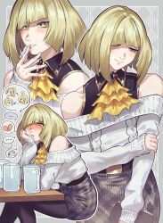 ... 1boy 2girls absurdres alternate_costume alternate_hairstyle andrich_galam ascot bare_shoulders beer_mug belt black_belt black_pantyhose black_shirt blonde_hair blush breasts commentary cup english_commentary gladion_(pokemon) green_eyes grey_skirt hair_over_one_eye highres lillie_(pokemon) long_hair long_sleeves lusamine_(pokemon) mature_female mother_and_child mother_and_daughter mother_and_son mug multiple_girls off-shoulder_sweater off_shoulder open_mouth pantyhose parent_and_child parted_lips pokemon pokemon_sun_and_moon shirt short_hair sitting skirt spoken_broken_heart spoken_ellipsis sweater white_sweater yellow_ascot 