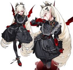  1girl bat_wings black_dress black_pantyhose dress earrings gloves hair_ornament highres holding_own_dress jewelry long_hair looking_at_viewer multiple_views open_mouth original pantyhose pointy_ears puffy_short_sleeves puffy_sleeves red_eyes red_gloves red_wings rinotuna short_sleeves simple_background solo vampire white_background white_hair wings 