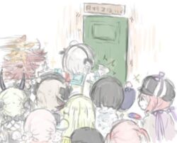  6+girls black_hair black_hairband blonde_hair commentary_request detec_bell detective door flower fukuroi_marika gamo_tako grey_hair hair_ornament hairband halo hat horns knocking la_pucelle_(mahoiku) lapis_lazuline magical_girl mahou_shoujo_ikusei_keikaku mahou_shoujo_ikusei_keikaku_jokers mahou_shoujo_ikusei_keikaku_limited mahou_shoujo_ikusei_keikaku_restart mahou_shoujo_ikusei_keikaku_unmarked multiple_girls nemurin pfle pink_hair postarie rain_pow sailor_collar shadowgale short_hair snow_white_(mahoiku) x_hair_ornament 