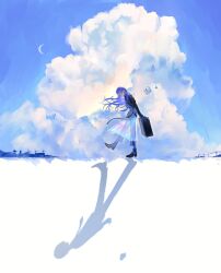  1boy absurdres black_shirt black_shoes blue_shoes blue_sky briefcase closed_eyes clouds cloudy_sky commentary day different_shadow floating_hair from_side highres holding holding_briefcase hoshirube_sho hoshirube_sho_(1st_costume) long_hair long_sleeves male_focus moon mugichataro_ba nijisanji otomo_(hoshirube_sho) outdoors overskirt pants purple_hair see-through_clothes see-through_skirt shirt shoes skirt sky socks solo virtual_talent_academy virtual_youtuber walking white_pants white_socks 
